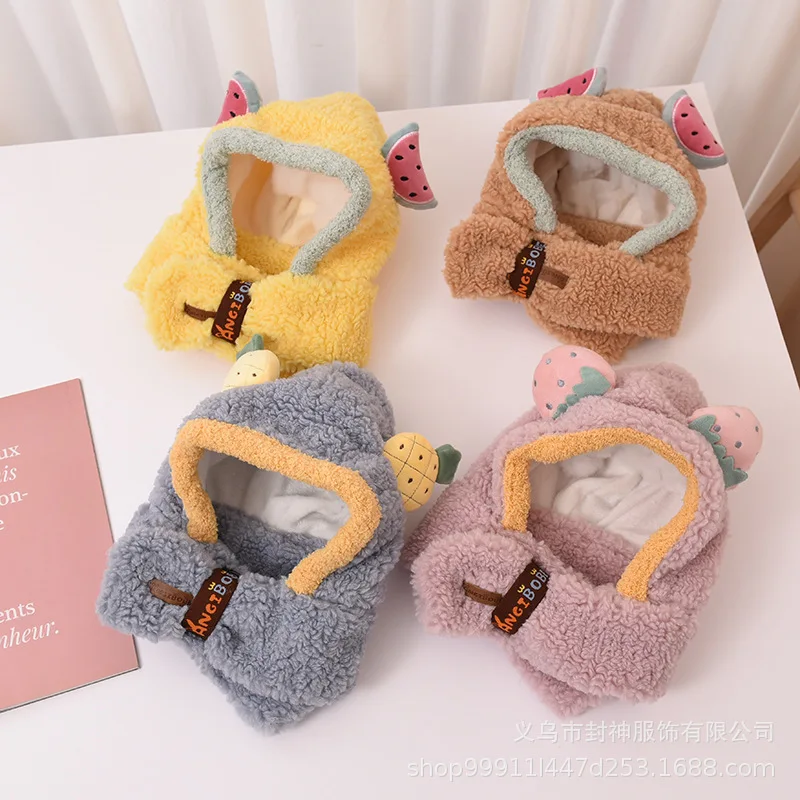 

Autumn and Winter New Children's Hats and Scarves One Plush Hat Cartoon Fruit Boys and Girls Earmuffs Head Caps Thickened Warm