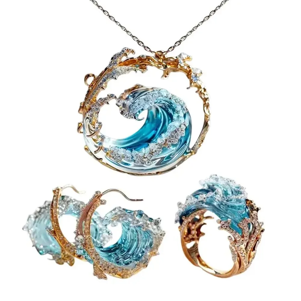 New Resin Crafts Creative Rings Sky Blue Necklaces Wave Pendant Earrings Luxury Crystal Jewelry Holiday Gifts