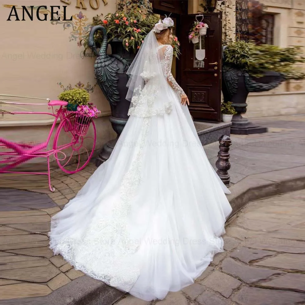 Anjo personalizado requintado vestido de casamento para noiva 2026 a linha ilusão o pescoço applique tule longo vestido de noiva novia