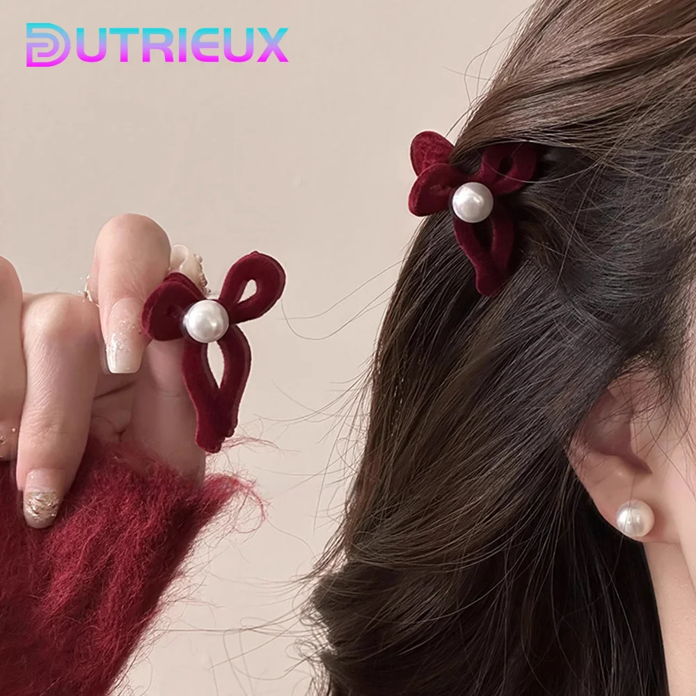 2 Pieces Velvet Bows Side Hair Clips Pearl Hair Accessories For Women Hairpin Mini Cute Girls Headwear 3 Colors