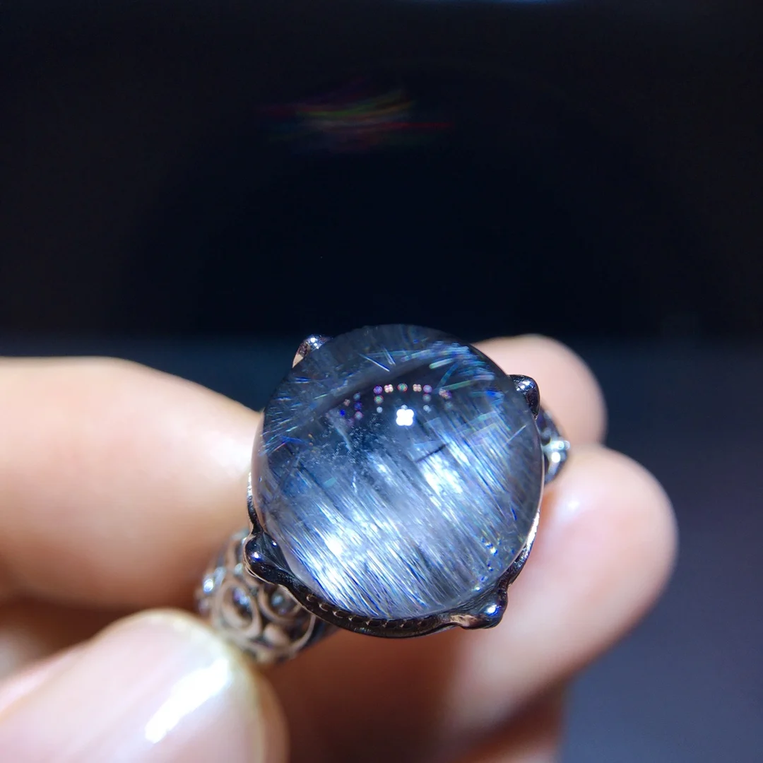 

Natural Brookite Platinum Rutilated Quartz Ring 13mm 925 Silver Woman Men Water Drop Lucky AAAAA