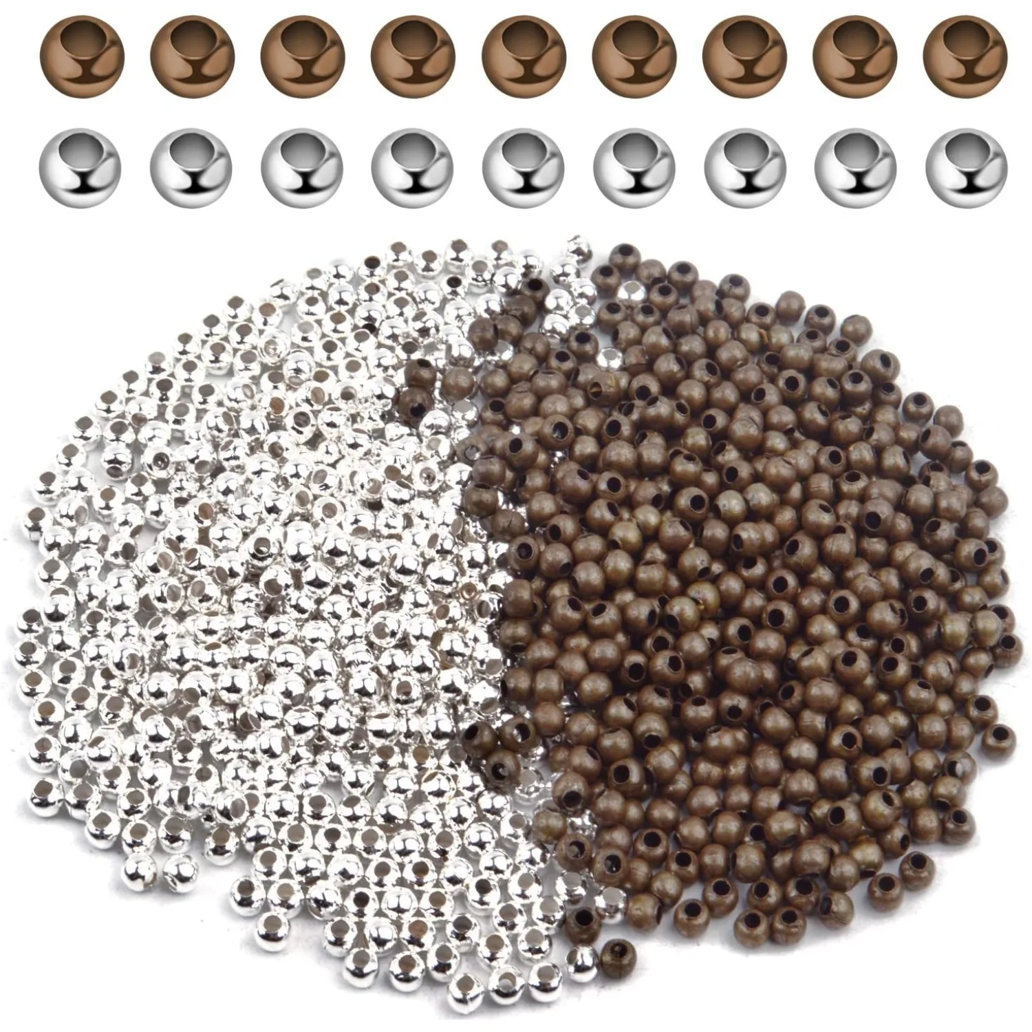 

1000pcs 3mm Round Copper Crimp Beads, Bronze & Silver, Spacers for DIY Bracelet Jewelry Making
