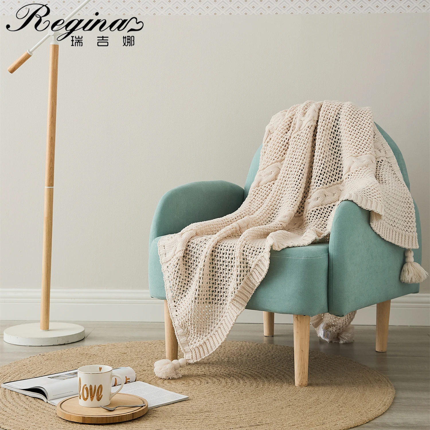 REGINA Fashion Hollow-out Knitted Blanket Cable Knit Stripe Tassels Design Beige Pink Cyan Gray Soft Acrylic TV Throw Blankets