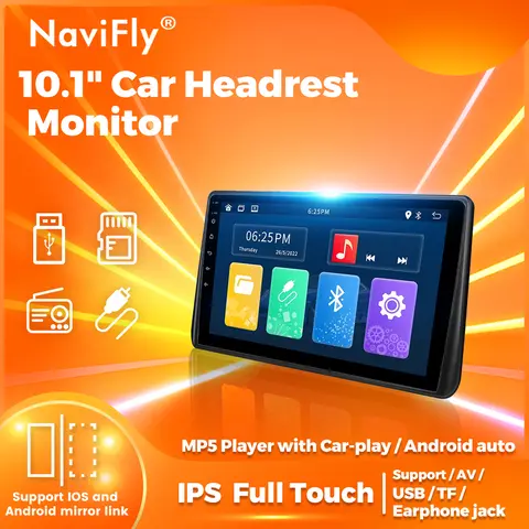 NaviFly 10.1형 IPS 터치스크린 차량용 헤드베개 모니터 MP5 플레이어 CarPlay 안드로이드 자동차 뒷좌석 멀티미디어 비디오 미러링 링크