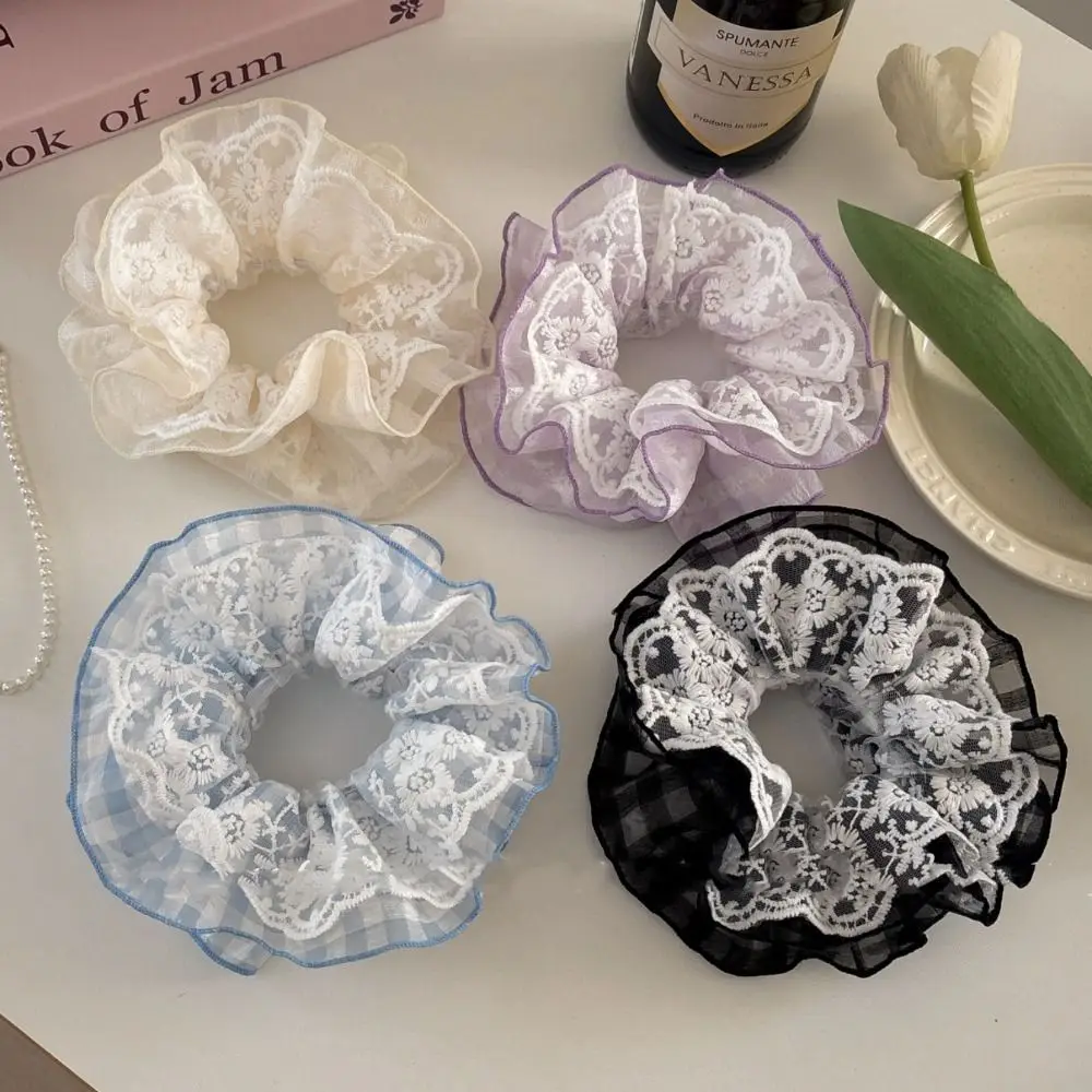 

French Style Lace Scrunchies Double Layer Embroideried Women Hair Scrunchies Ponytail Holder Elegant Oversized Hair Ropes