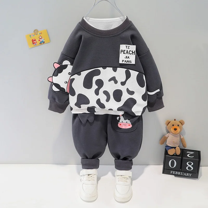 Vestito a due pezzi in cotone per neonato ragazzo ragazza più calore in velluto orso dei cartoni animati vestito per bambini carino vestiti per