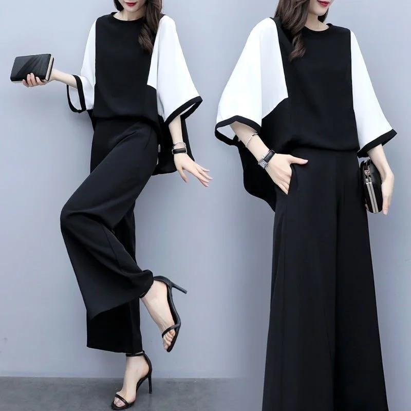 2025 New Women's Wear Spring And Summer Two Piece Set Loose Crop Top Wide Leg Pants Fashion Casual Suit Women Plus Size Clothing
