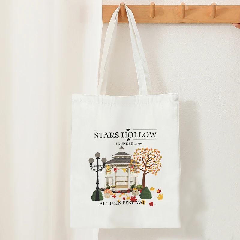 Stars Hollow Pattern Women Canvas Tote Bags Fall Book Shopping Bag Connecticut Handbag Stars Hollows Gifts for Travel Beach Bag