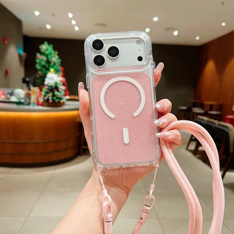 Glitzer-Magnetband-Hülle für iPhone 17 Pro Max 16 14 13 15 mit Umhängeband, stoßfest, luxuriös, funkelnd, kristallklar