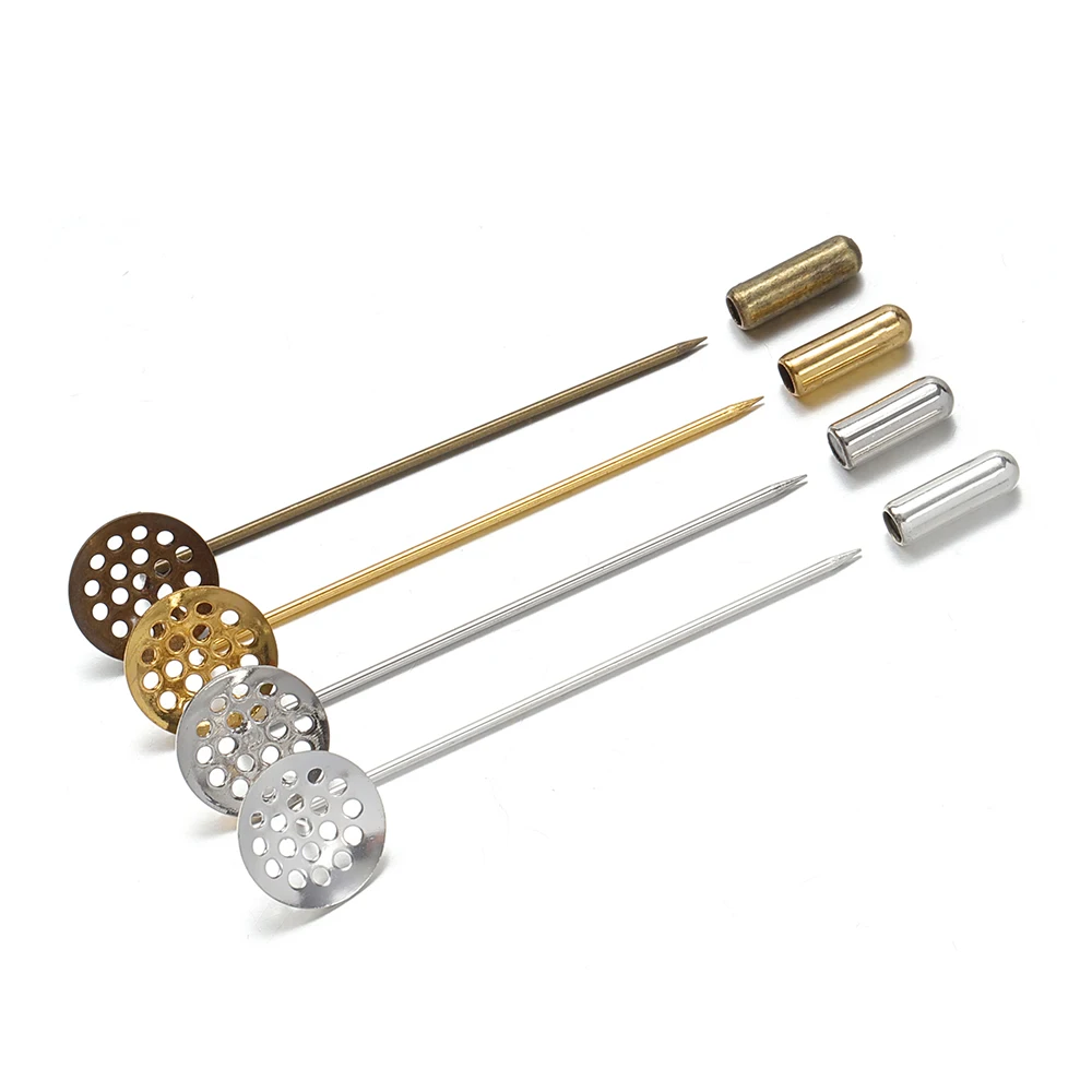 10Pcs/lot 50mm Long Brooch Pins Base Hole Blank Tray Brooch Pins with Cap Stopper For DIY Jewelry Making Brooches Accessories