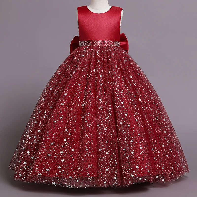 C290 Pink Printing Children's Dress Girls' Princess Girl Wedding Little Summer Sequin Bubble Sleeve Long Mesh Flower Gift