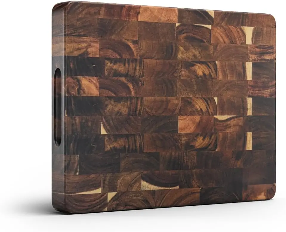 

Extra-Large Acacia Wood Cutting Board with Built-In Handles – Checkered End-Grain Butcher Block, Reversible Chopping Bo