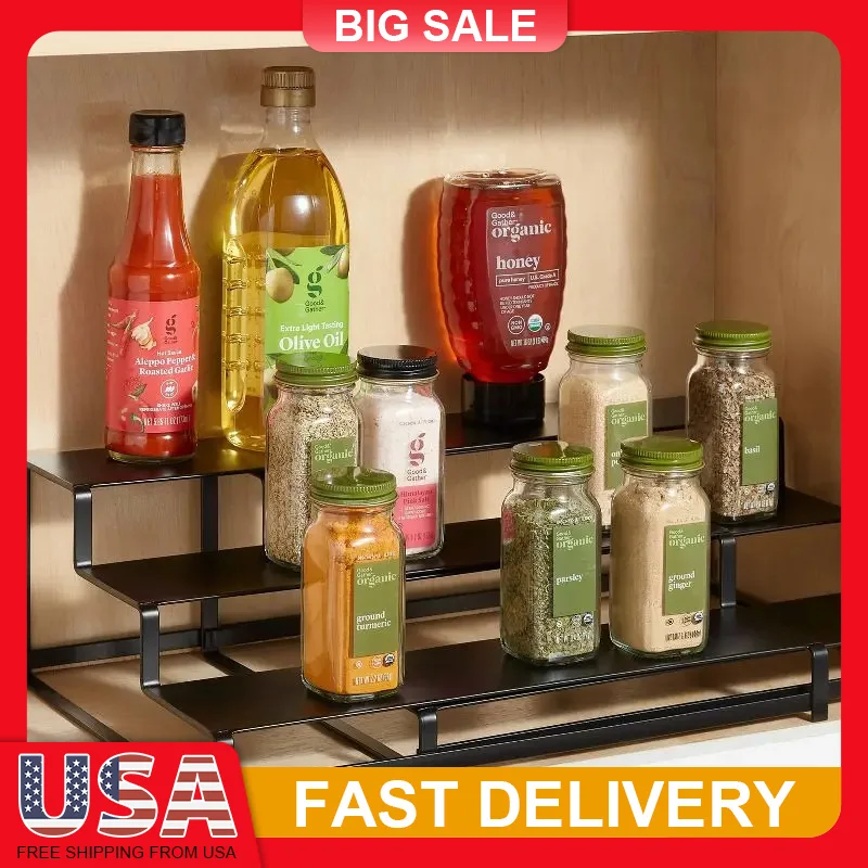 

3 Tier Expandable Metal Spice Rack Organizer Adjustable Width for Kitchen Pantry Cabinet Storage Shelf Space Saver