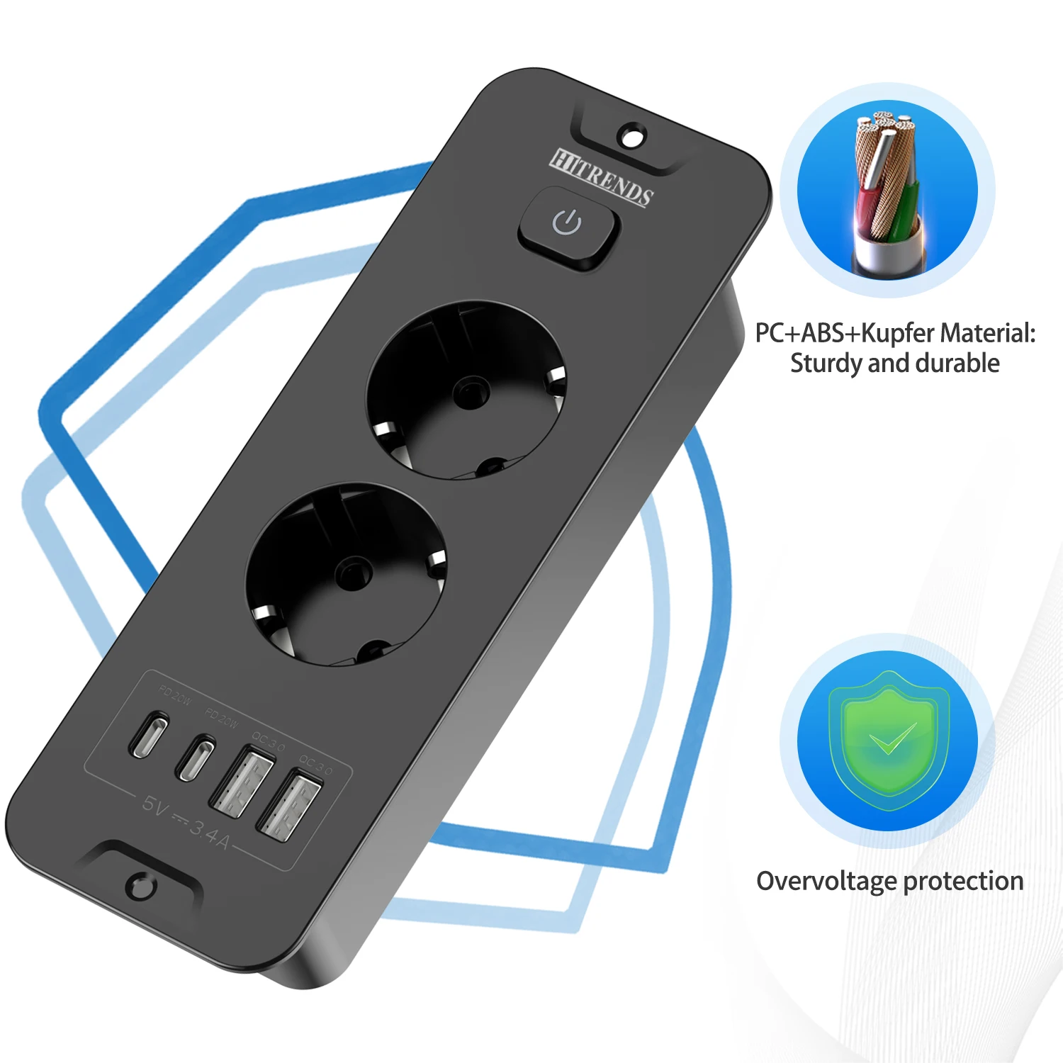 Desktop Built-in Socket with 2 USB A and 2 Type-C PD20W EU Double Plug Table Recessed Socket Power Strip 2M Extension Cord