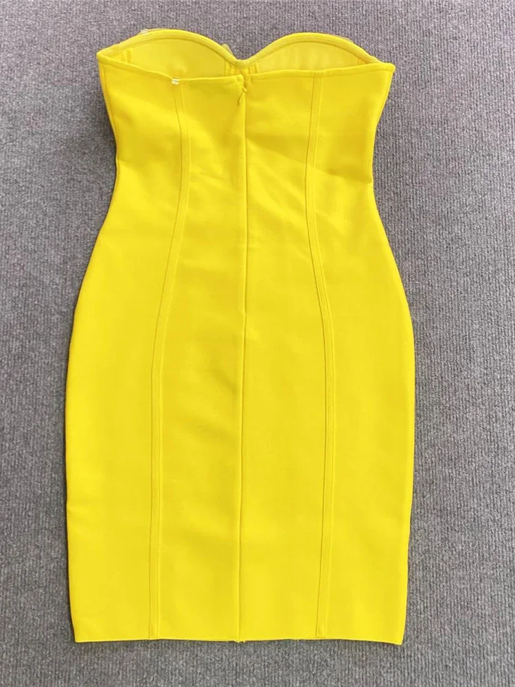 2024 Sexy Strapless Flowers Breast Cup Bandage Dress Women Yellow Mesh Flowers Mini Bodycon Dresses Cocktail Party Evening Gowns