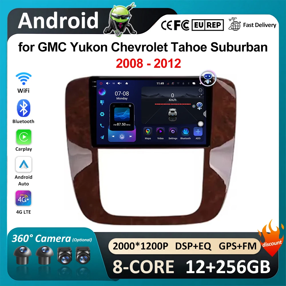 GPS Navigation Android 9'' Car Radio Multimedia Player for GMC Yukon Chevrolet Tahoe Suburban 2008 - 2012 Wireless Carplay 4G BT