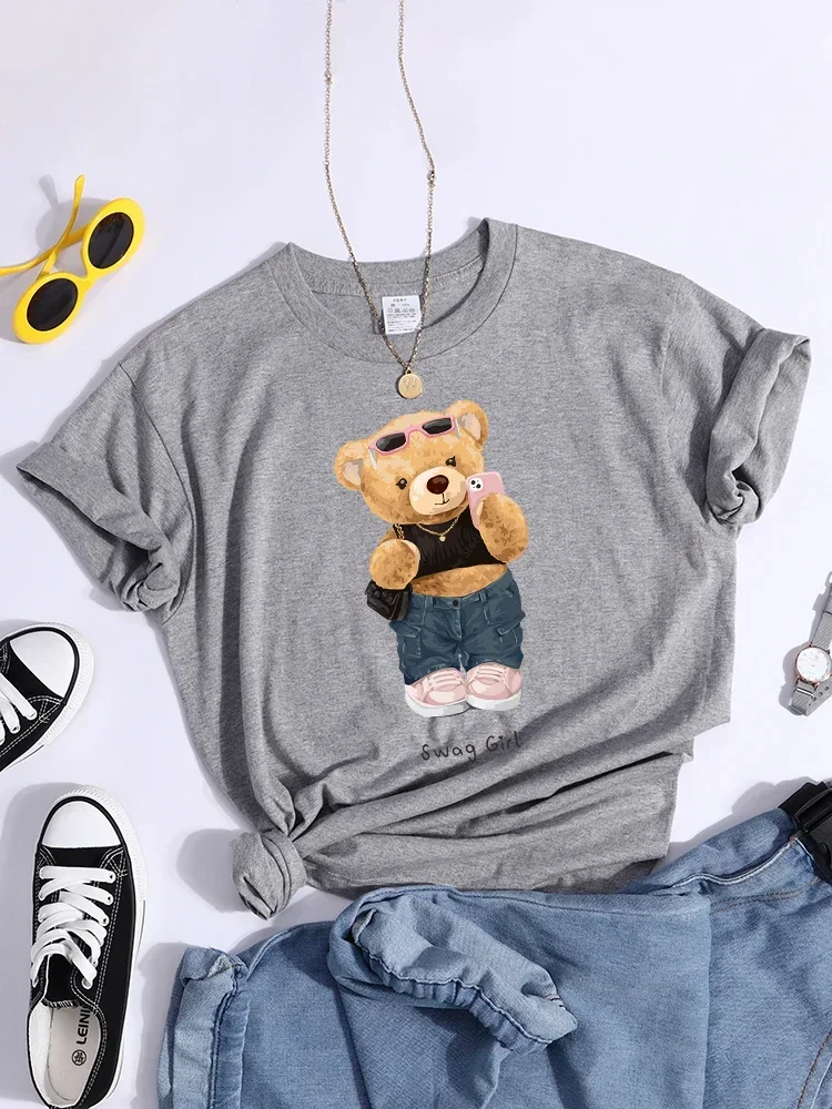 Vintage Hipster Tshirts Essential Soft Women Tee Shirts Street Teddy Bear Selfie Swag Girl T-Shirt Vintage Round Neck T-Shirt