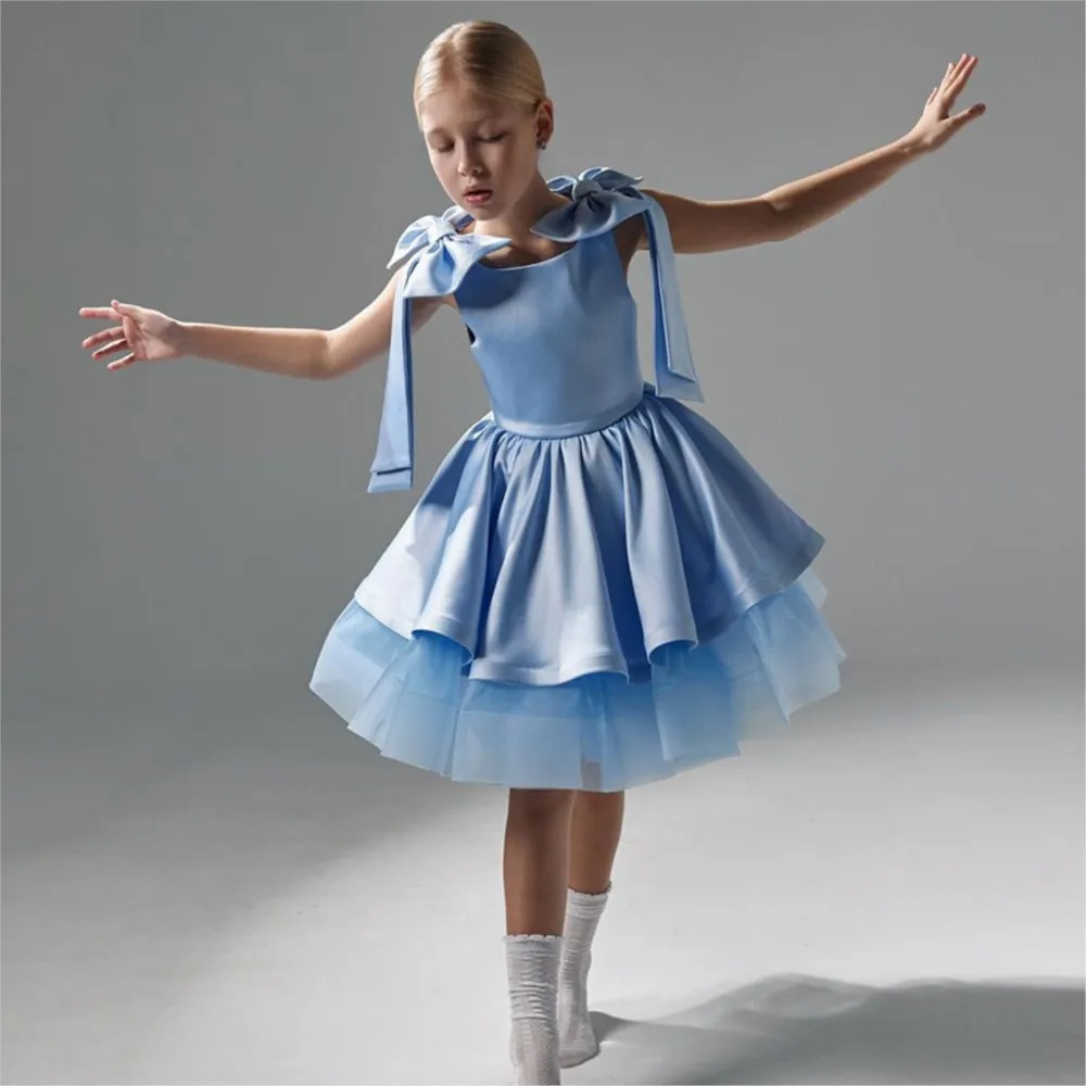 Girls' formal dress 2024 new blue satin suspender princess fluffy backless bow