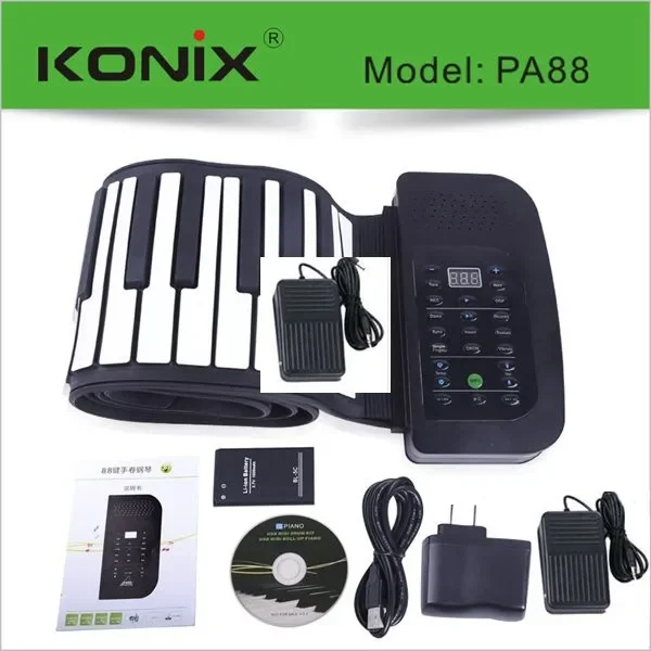 KONIX 88 Keys MIDI Flexible Electronic Roll Up Piano Soft Silicone Hand-rolling Piano With Battery Pedal