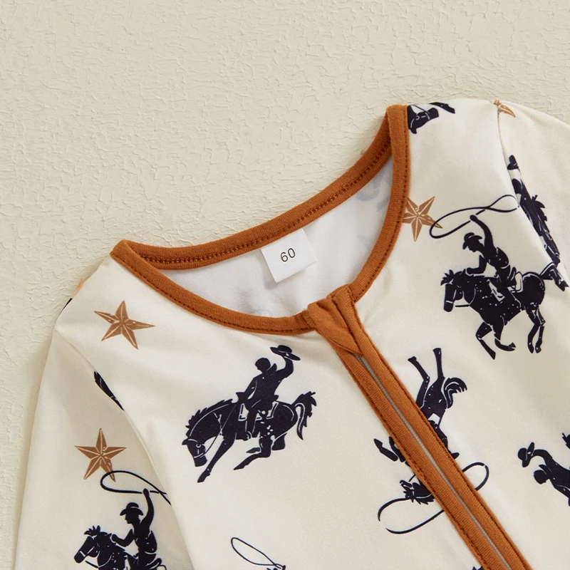 Baby Boy Zipper Romper Casual Western Cowboy Print Long Sleeve Jumpsuit for Infant Toddler Fall Outfit