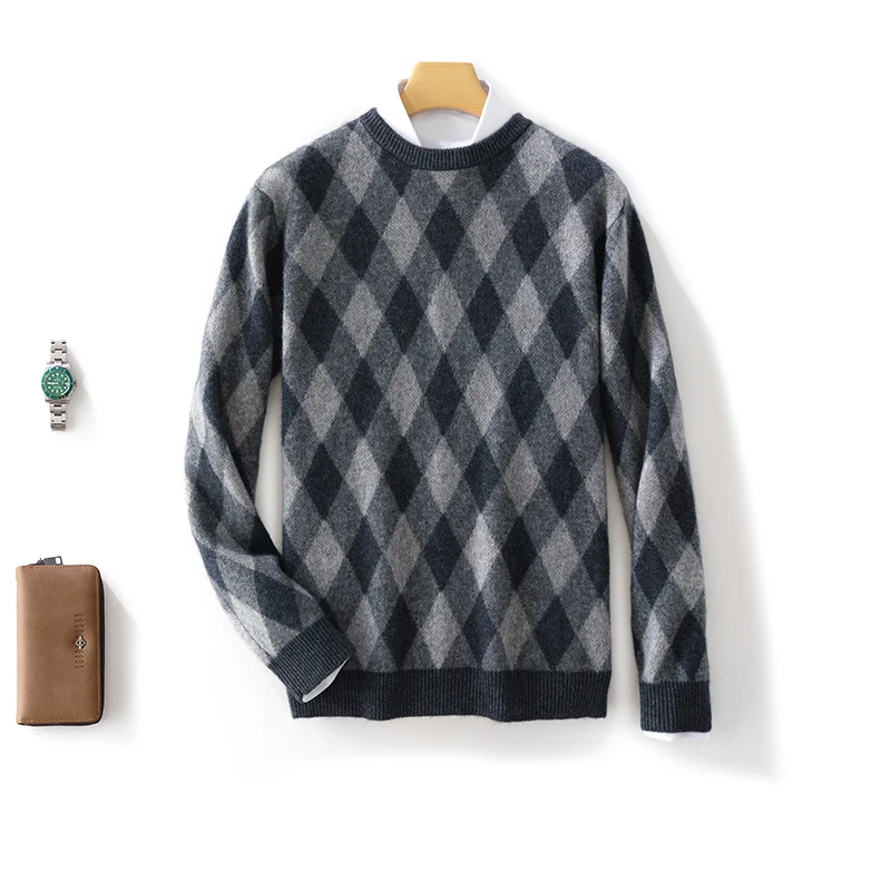 Autumn And Winter New 100% Pure Wool Men's Round Neck Color Matching Loose Sweater Casual Cashmere Knit Bottoming Shirt