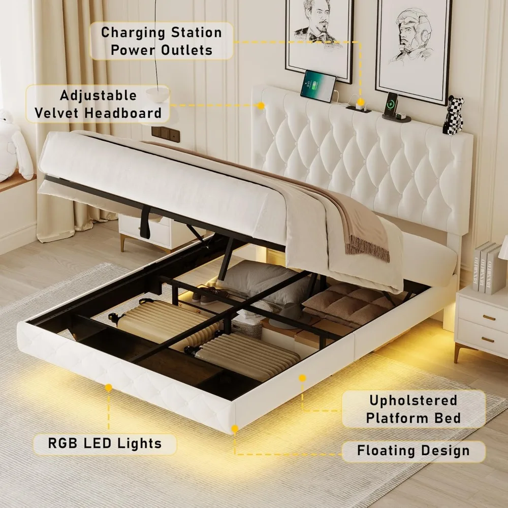 Marco de cama de almacenamiento para elevación, marco de cama flotante de tamaño completo con cabecero ajustable/luces LED/estación de carga/salida, terciopelo