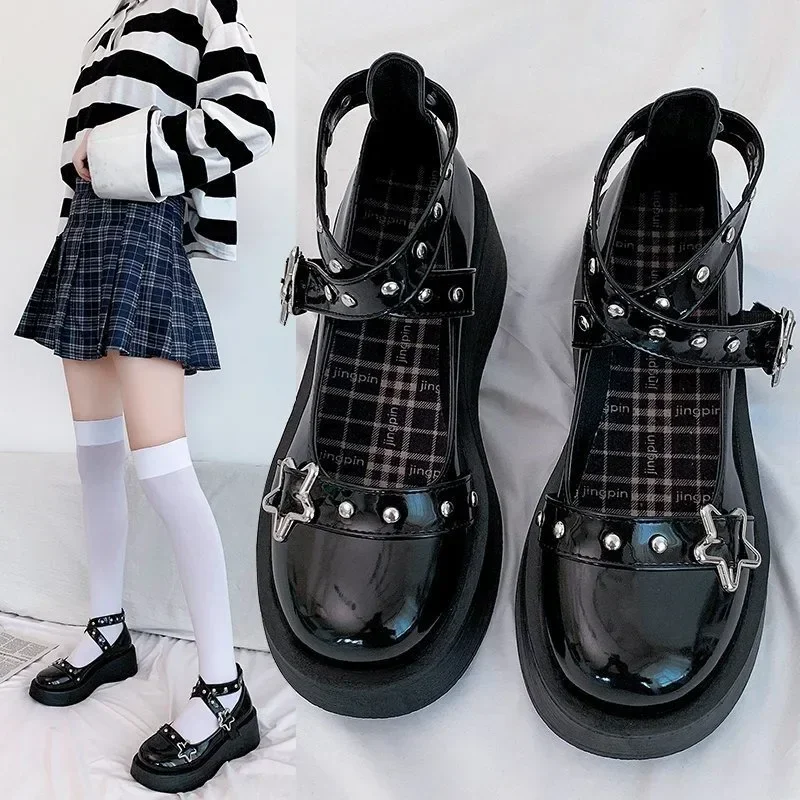 Lolita Shoes Women Platform Pumps Star Buckle Strap Mary Janes Lady Cosplay Gothic Shoes Rivet Lighted Hollow Girl Leather Shoes