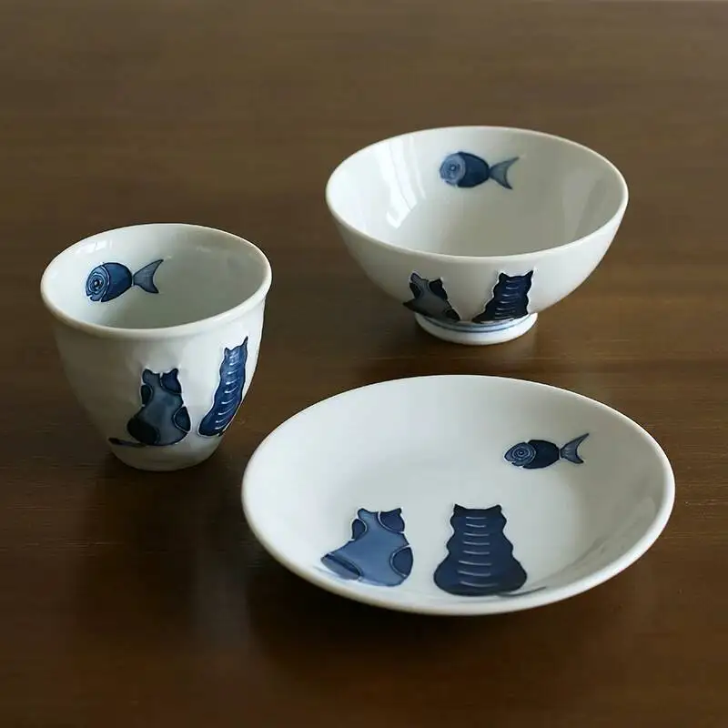 Special Offer: Imported Arita Ware Hand-Painted Dyed Cat And Fish Ceramic Water Tea Cup, Japanese Handmade Pottery