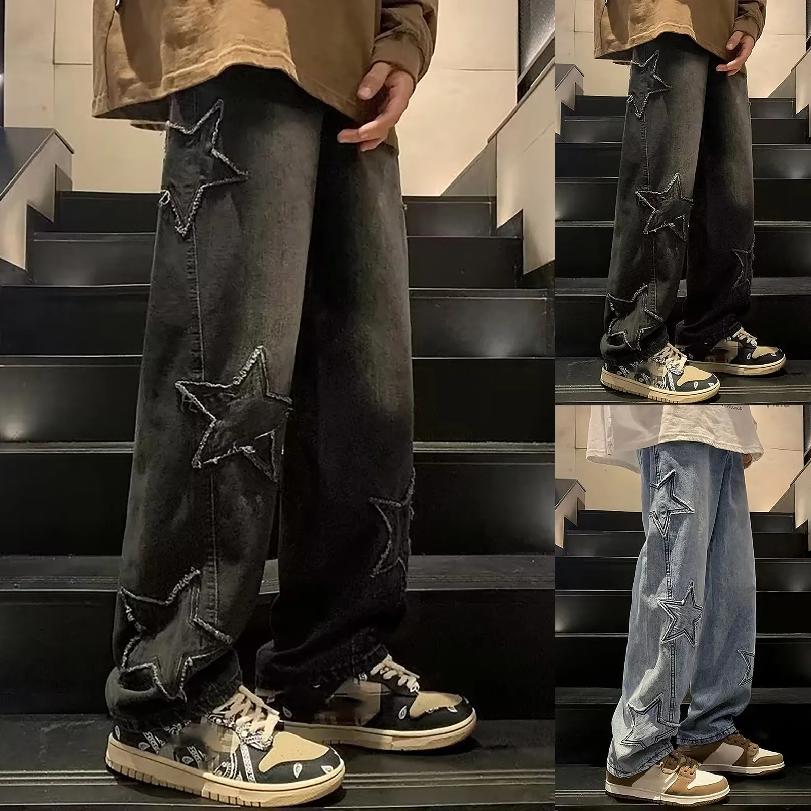 Vintage Streetwear Jeans Men Harajuku Star Aesthetic Wide Leg Denim Trousers New High Waist Women Unisex Couple Straight Pants