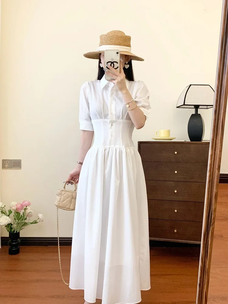 Korean Style Elegant Commuter Polo Collar Short Sleeve Single-breasted High Waist Slim A-line Temperament White Long Dress Women