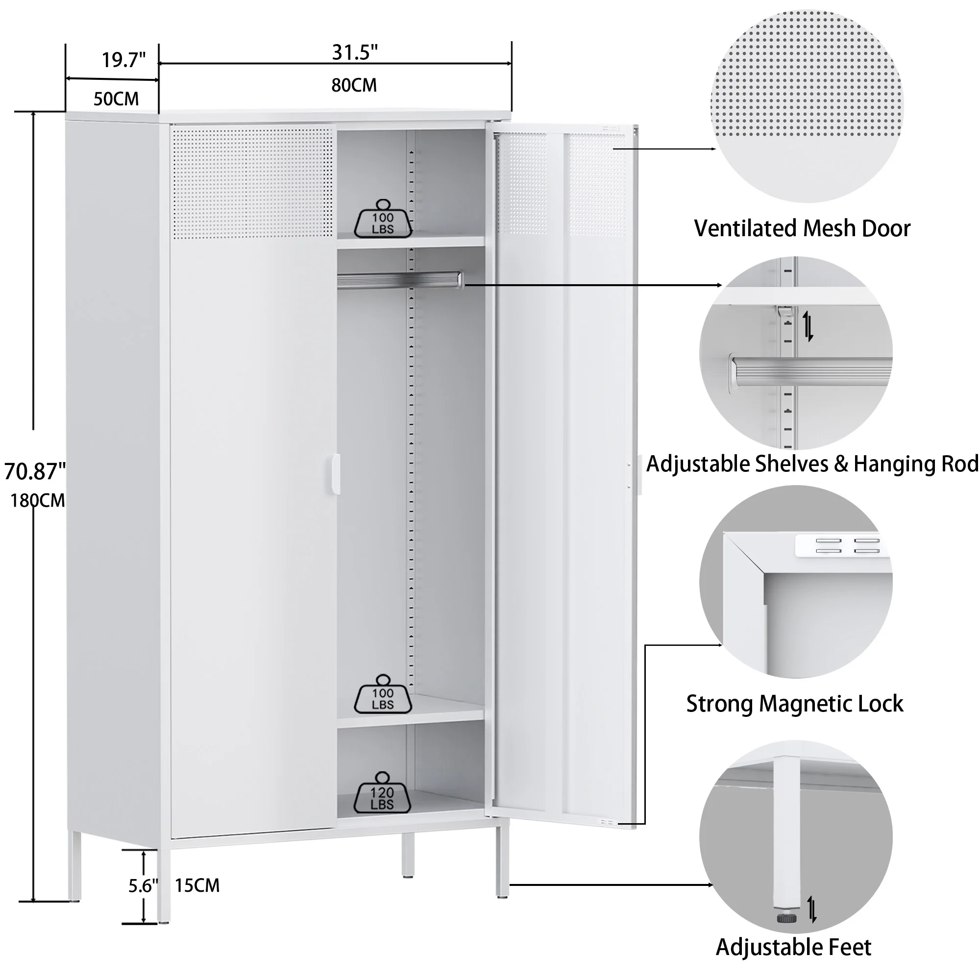 71 Inches White Metal Wardrobe Cabinet with Hanging Rod, Metal Armoire Wardrobe Closet with Doors for Bedroom, Office.