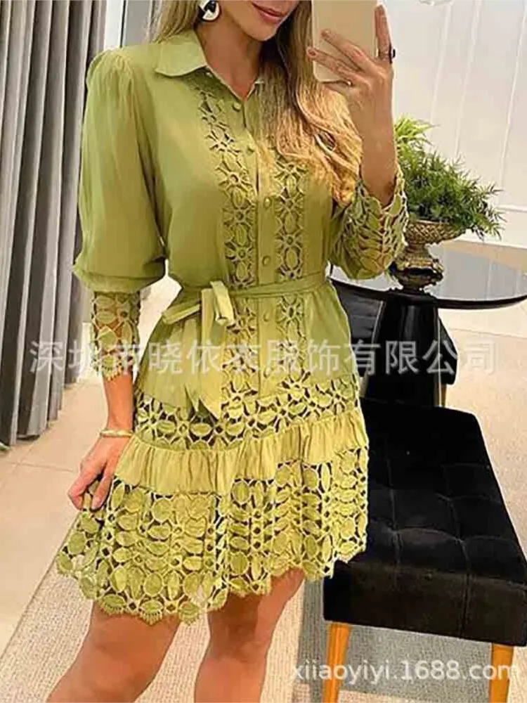 Hollow Elegant Long Sleeve Lapel Single Breasted Shirt Dress Women's Fashion Solid Color Lace-Up Without Lining Dresses Female