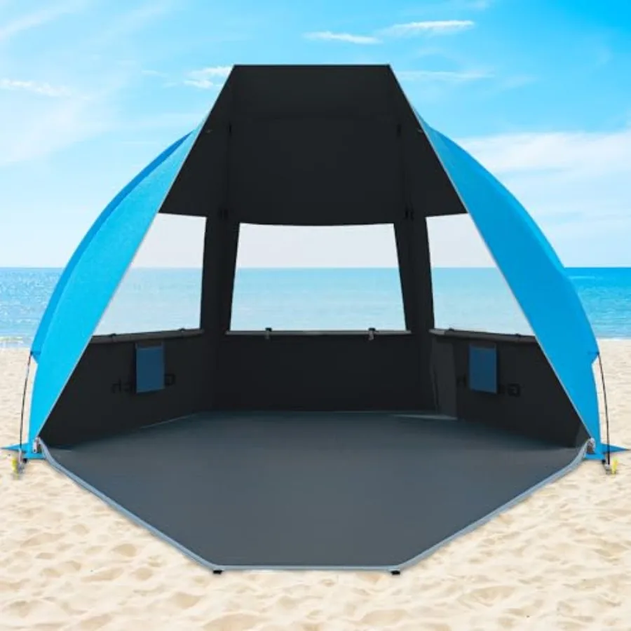 

Portable beach tent for 3-7 person: UPF 50+ UV protection, lightweight polyester fabric, navy blue, easy-setup windproof design