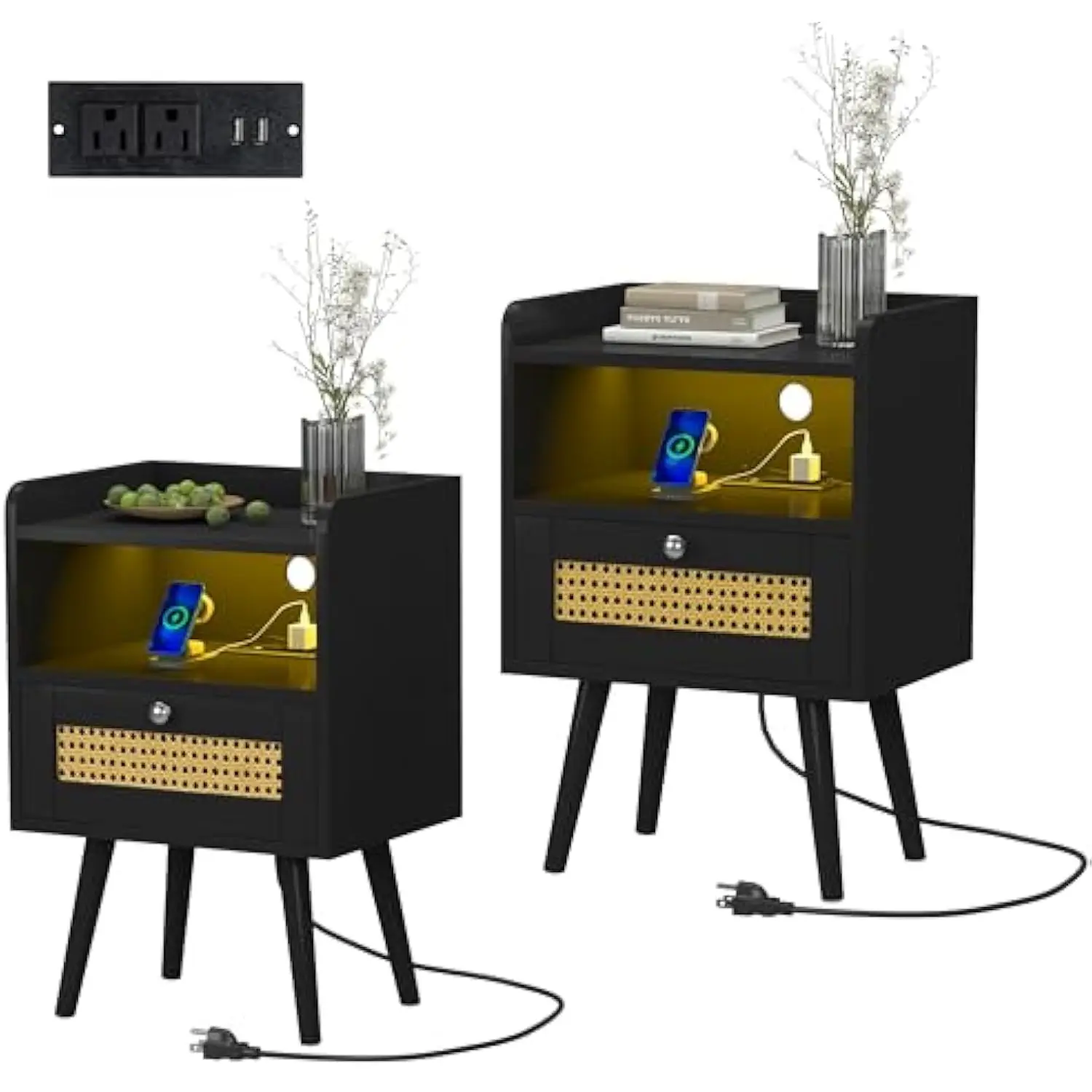 

Rattan Nightstands Set of 2, Small End Table with Charging Station and LED Lights, Mid Century Modern Side Table with Storage f