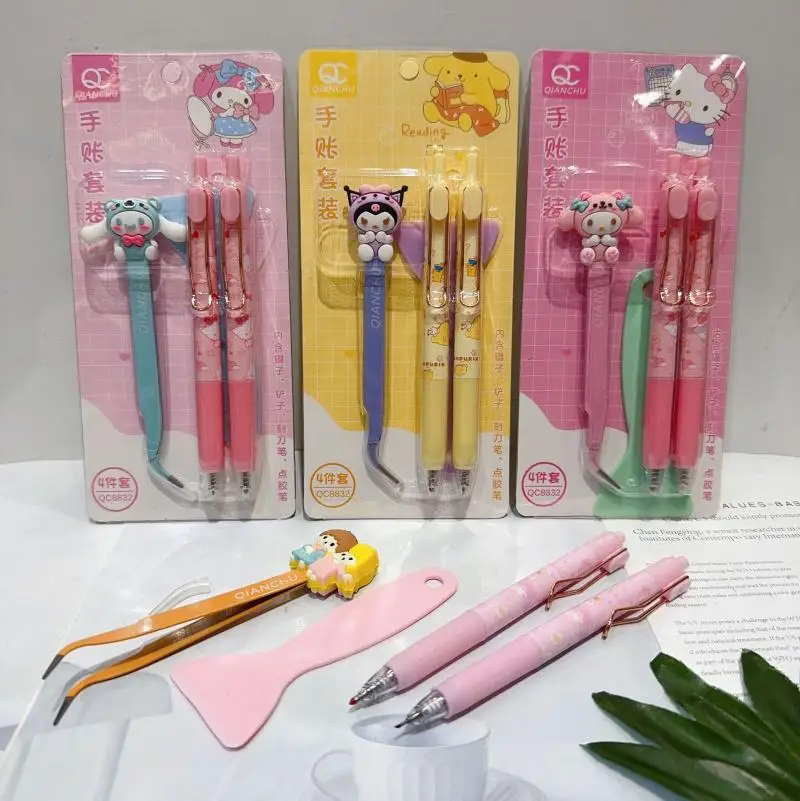 

4pcs Sanrio Mymelody Kuromi Cinnamoroll Purin Hand Ledger Set Lolomi Dispensing Pen Carving Knife Pen Hand Ledger Tweezers Set