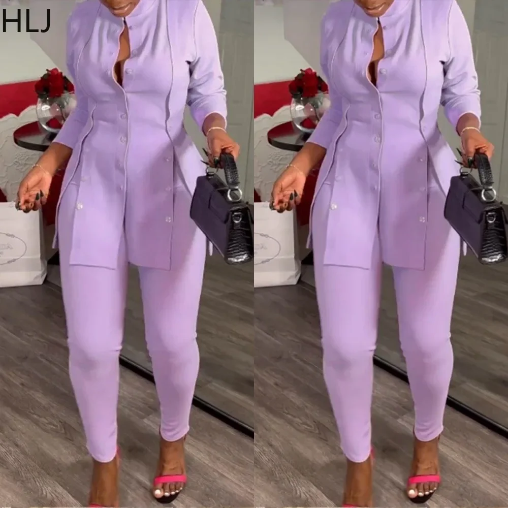 

HLJ Elegant Office Lady Solid Two Piece Sets Women Button Long Sleeve Slim Top And Sknny Pants Outfits Fashion OL 2pcs Clothing