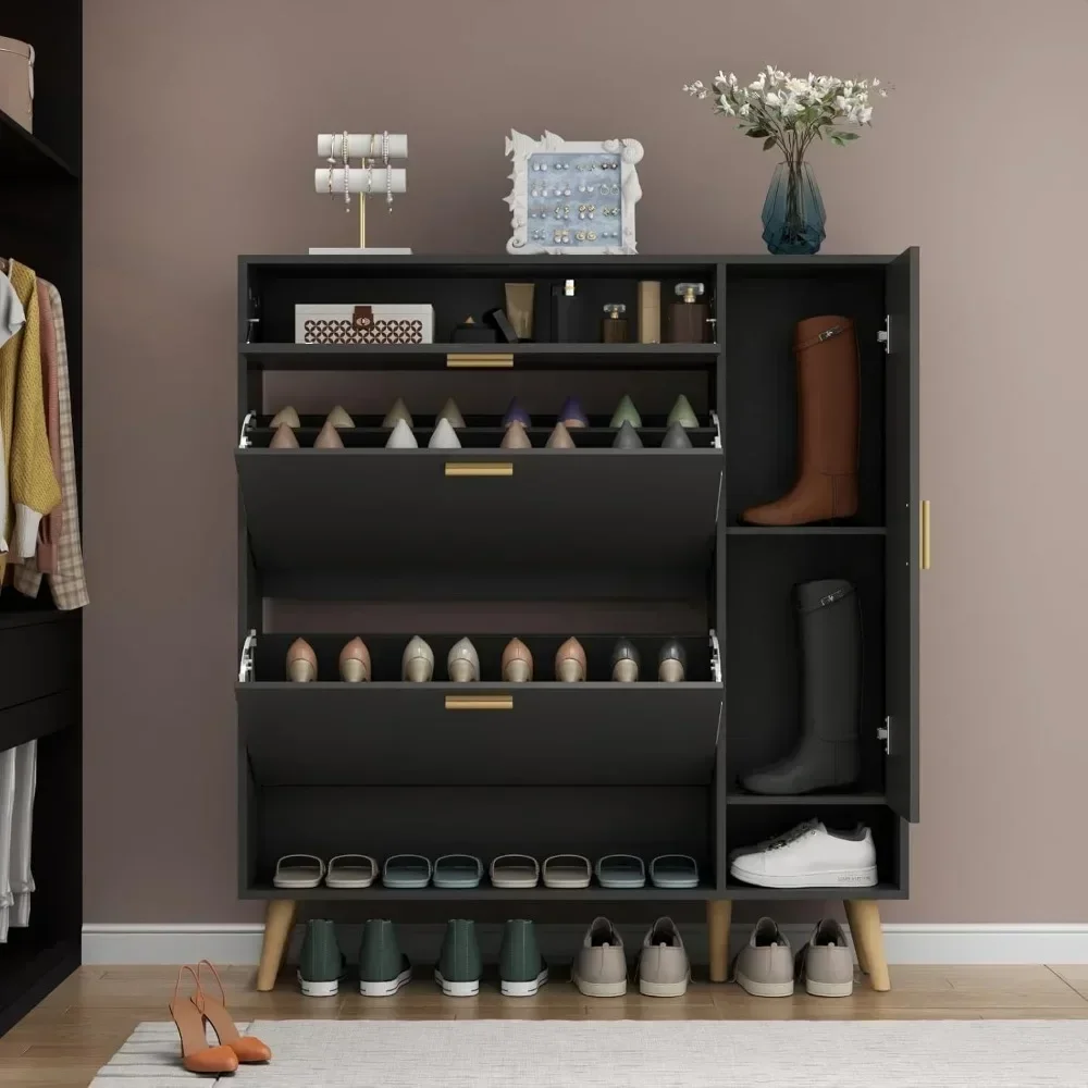 Shoe Storage Cabinet with 2 Flip Drawers & Side Cabinet, Narrow Shoe Cabinet with Doors, Hidden Shoe Storage