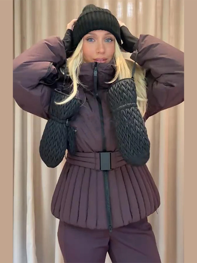 سيدة كامل الجسم بدلة تزلج مقنعين الوقوف الفراء طوق سستة حزام الخصر متوهج السراويل بذلة موضة غمد الرياضة شتاء 2025 ملابس التزلج