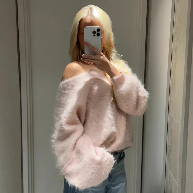 

Solid Color Gentle Soft One-Shoulder Sweater Autumn Winter Women's Fashionable Gentle Versatile Blouse Elegant Soft Knitted Top