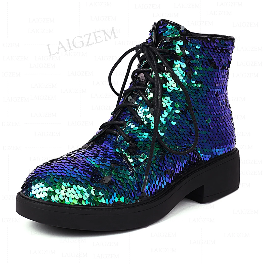 LAIGZEM Women Ankle Boots Bling Glitter Round Toe Low Heels Round Toe Short Booties Ladies Shoes Woman Large Size 33 38 42 43 image 2
