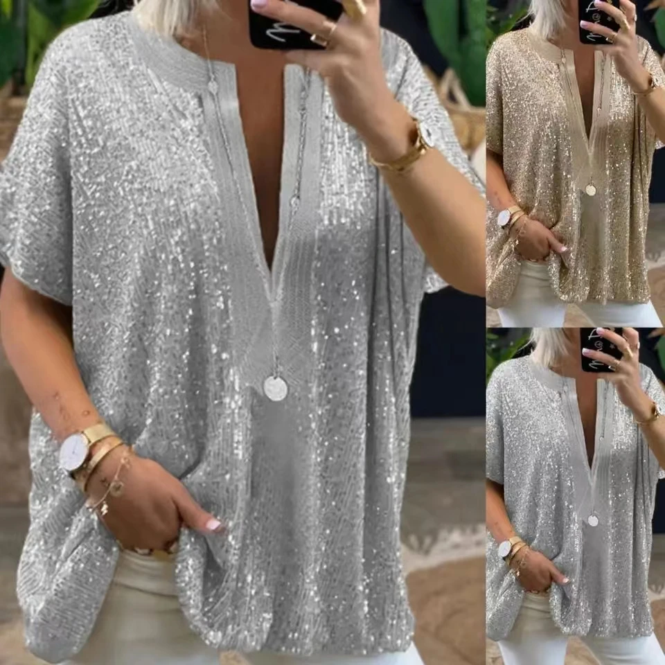 Women Short Sleeve Sequins T Shirt Summer Top Femme Tees Ladies Shirts Clothes Sexy V Neck Blouse Loose Casual Silver Gold Color