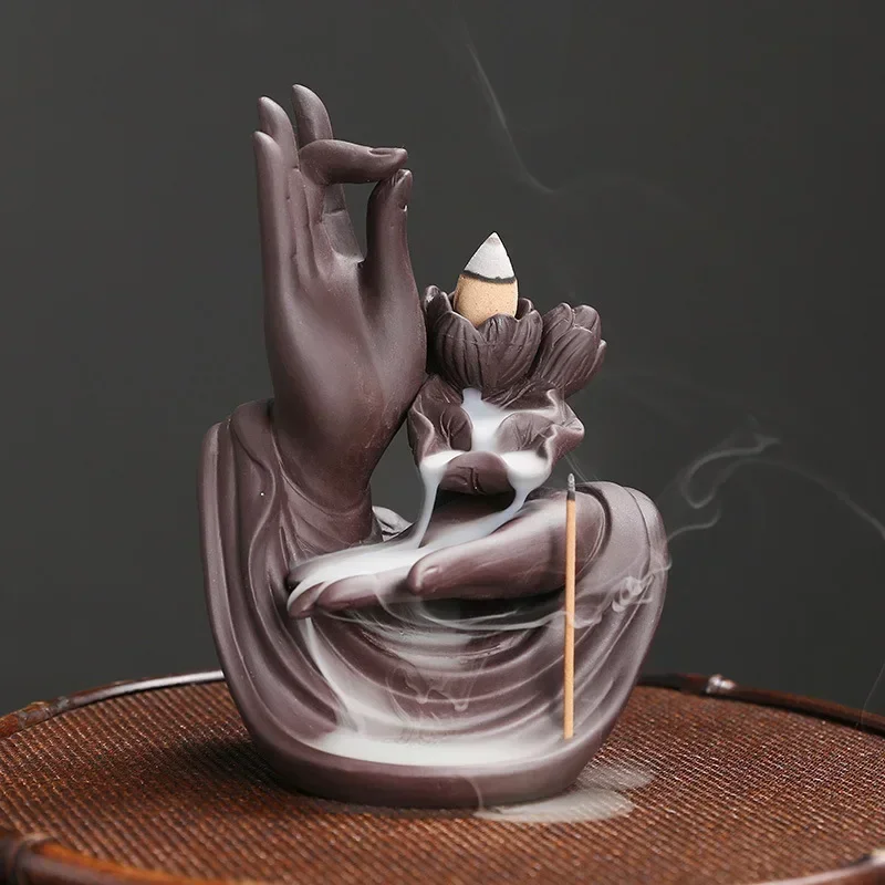 1pc, Keramik Handwerk Buddha Hand Rückfluss Weihrauch Brenner Lotus Stick Weihrauch Halter Tee Haus Dekorieren (Ohne Weihrauch)