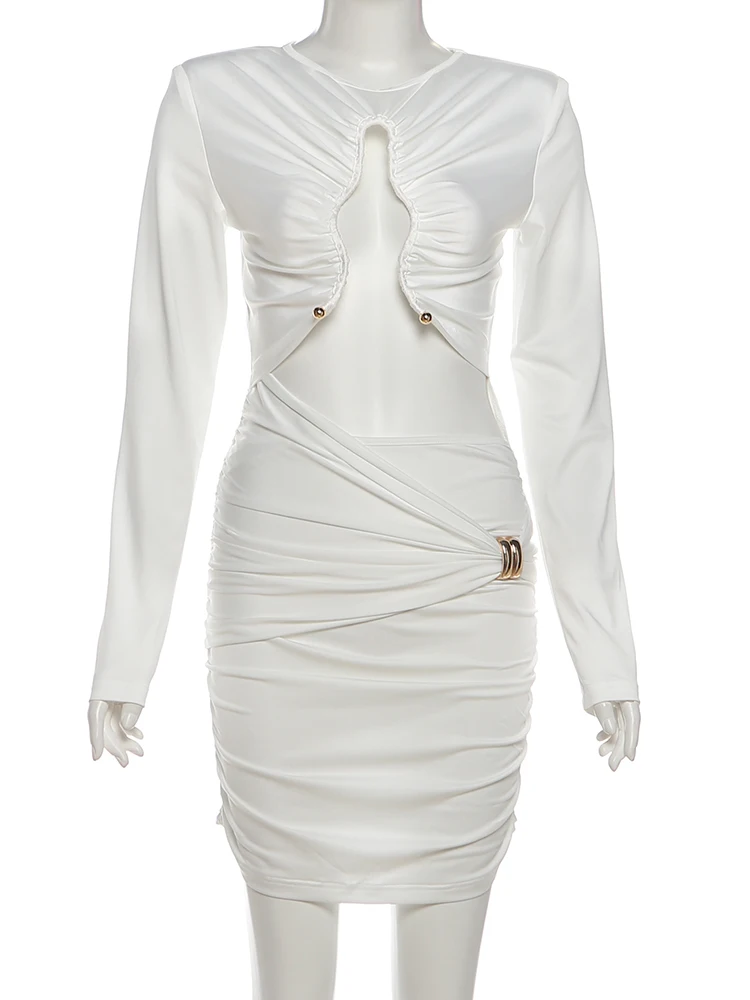 Kliou Metall Trim Mini Kleid Frau oansatz Volle Hülse Hohl Nabel Freigelegten Design Dünne Pfirsich Hüfte Straße Sexy Mode Bodycon