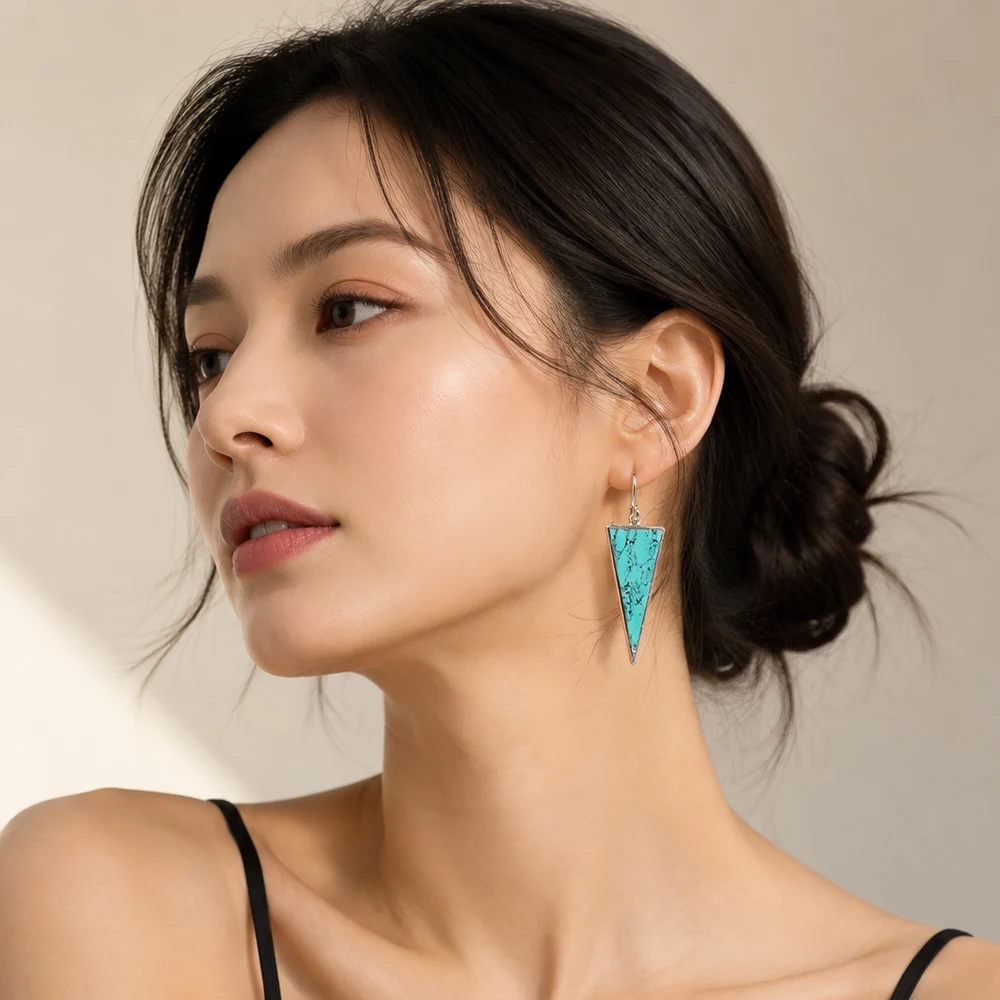 Dreieckige türkisfarbene Tropfenohrringe im neuen europäischen Stil, edler Schmuck für Frauen, klassisches Geschenk aus 925er Sterlingsilber – Detail 1
