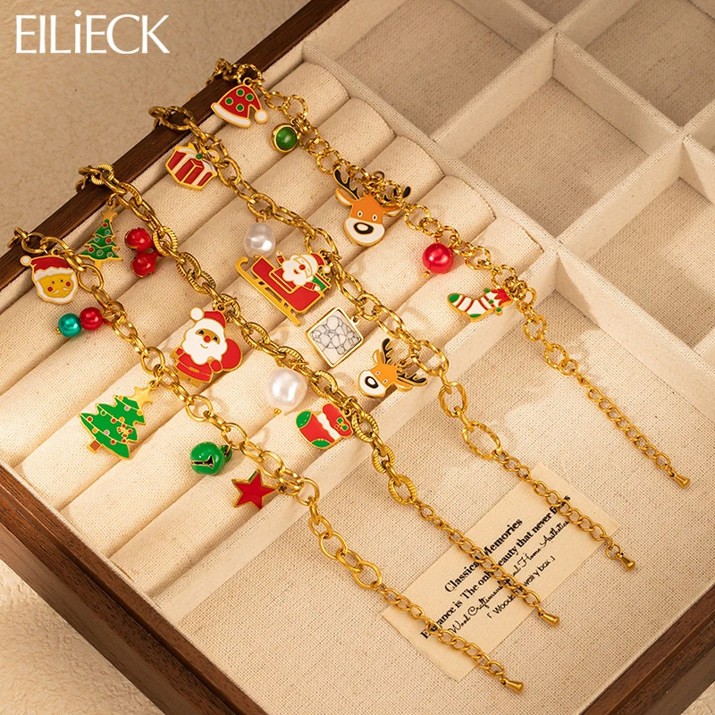 

EILIECK 316L Stainless Steel Santa Claus Christmas Tree Charm Bracelet For Women New Trendy Wrist Chain Jewelry Christmas Gift