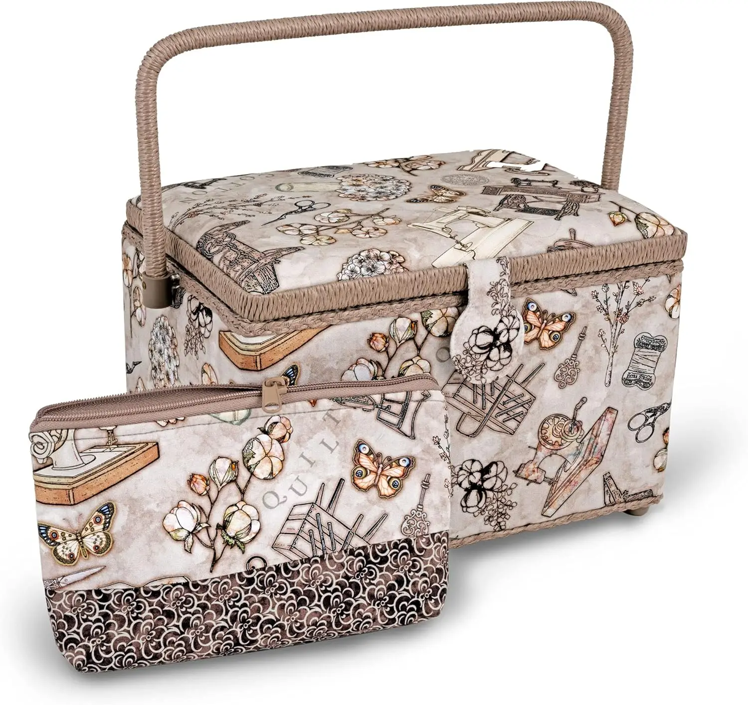 

Large Vintage Sewing Basket with Zippered Case, Neutral Color for Organizing Supplies