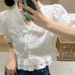 French Style Fairy White Doll Neck Shirt Women with A Unique Design Wooden Ears To Reduce Age Slimming Short Sleeved Top