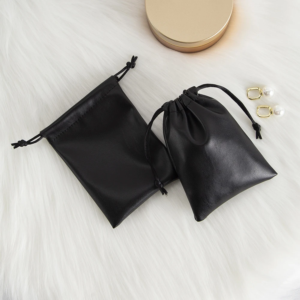 10Pcs Black PU Leather Jewelry Drawstring Bags