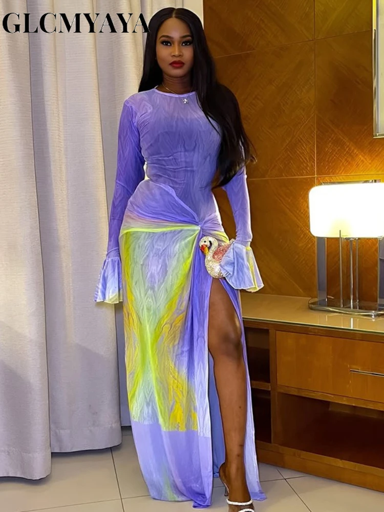 CM.YAYA المرأة التعادل صبغ مضيئة كم طويل ثنيات عالية الجانب سبليت ميدي ماكسي فستان طويل 2025 عيد ميلاد مثير نادي الحفلات حتى فساتين