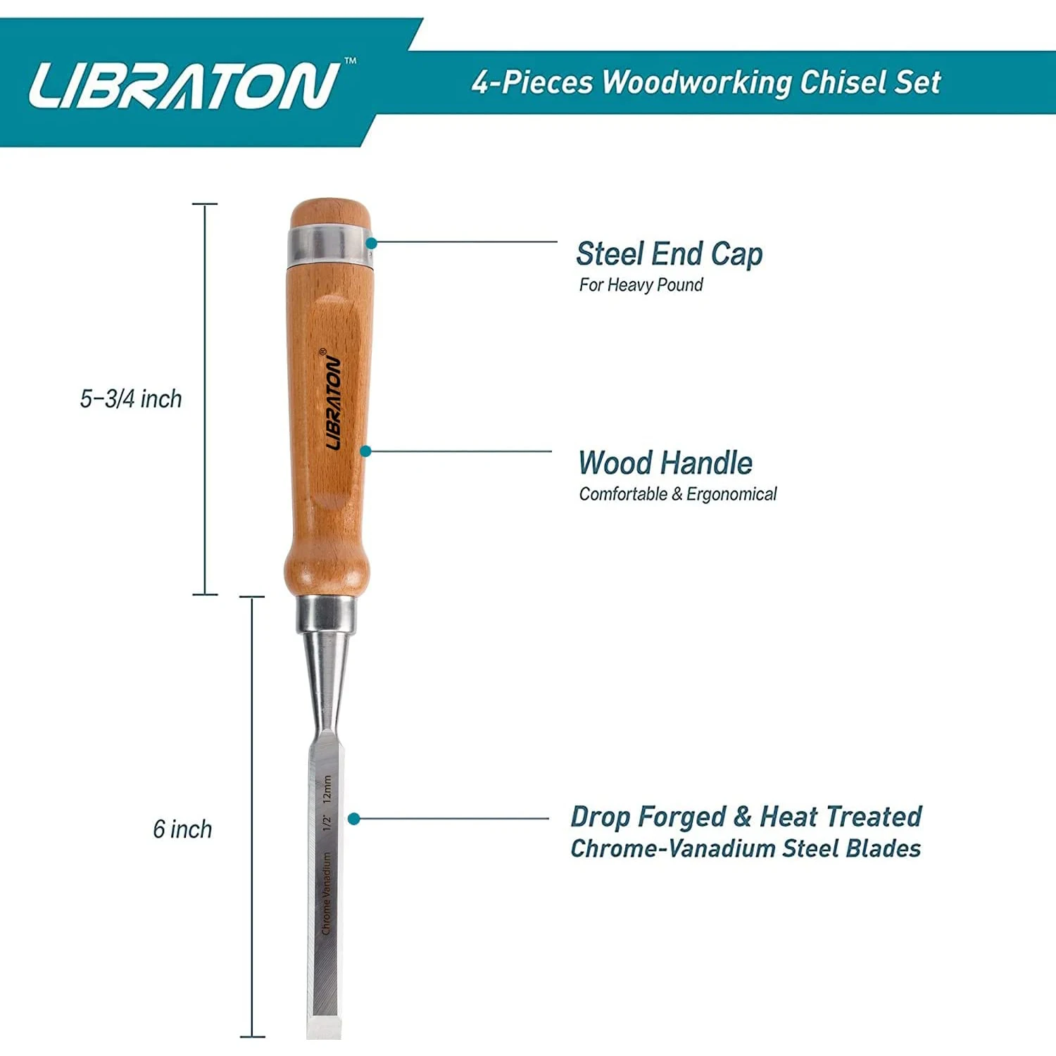 Libraton 4PCS Woodworking Chisel Set Cr-V Wood Chisels Set Professional Chisels with Leather Pouch for Carpenter